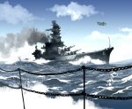  aichi_e13a battleship cloud cloudy_sky day hyuuga_(battleship) imperial_japanese_navy matsuda_juukou military_vehicle no_humans ocean original ship sky smokestack vehicle_focus warship watercraft waves 