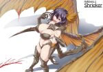  1girl absurdres armor arthropod_girl arthropod_limbs bikini_armor blood bloody_wings breasts carapace character_name claws cleavage colored_eyelashes copyright_name english_commentary extra_arms fewer_digits head_wings helldivers_(series) highres insect_wings large_breasts monster_girl personification purple_hair red_eyes sharp_teeth short_hair shrieker_(helldivers) solo teeth thighs tongue tongue_out torahime_(roland00) wings 