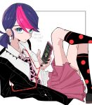  1girl black_jacket blue_eyes blue_hair cellphone closed_mouth earrings hand_in_pocket holding holding_phone jacket jewelry looking_at_viewer marinette_dupain-cheng miracharink0 miraculous_ladybug necktie open_clothes open_jacket phone pink_skirt polka_dot school_uniform shirt short_twintails simple_background skirt smartphone solo twintails white_background white_shirt 