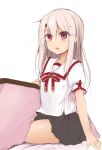  1girl black_skirt breasts collared_shirt fate/kaleid_liner_prisma_illya fate_(series) highres homurahara_academy_school_uniform illyasviel_von_einzbern kotatsu long_hair looking_at_viewer neck_ribbon open_mouth puffy_short_sleeves puffy_sleeves red_eyes red_ribbon ribbon sailor_collar school_uniform sen_(astronomy) shirt short_sleeves sidelocks sitting skirt small_breasts solo table white_hair white_sailor_collar white_shirt 