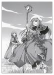 2girls ;d capelet cloak fang floating_hair greyscale hat highres holding holding_staff holo hood hood_up hooded_cloak koume_keito long_hair long_skirt looking_at_viewer monochrome multiple_girls nora_arento official_art one_eye_closed open_mouth outdoors pants pants_under_skirt shirt skirt smile spice_and_wolf staff standing very_long_hair 