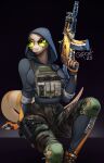 anthro armor assault_rifle big_breasts black_background blue_clothing blue_hoodie blue_topwear bottomwear breasts camo camo_bottomwear camo_clothing camo_pants camo_print clothing eye_scar eyewear facial_scar female gun hi_res hoodie looking_at_viewer military_clothing non-mammal_breasts pants pattern_bottomwear pattern_clothing pattern_pants ranged_weapon reptile rifle scales scalie scar simple_background sitting snake solo sunglasses topwear weapon white_body white_scales yellow_eyes