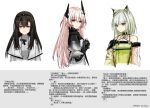  3girls animal_ears arknights black_hair cat_ears cat_girl chinese_text demon_girl demon_horns extra_ears grey_hair haru_(moyun17) highres horns kal&#039;tsit_(arknights) long_hair looking_at_viewer material_growth multiple_girls oripathy_lesion_(arknights) pink_hair priestess_(arknights) short_hair theresa_(arknights) translation_request white_background 