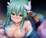  1girl bare_shoulders blue_kimono blush breasts cleavage collarbone dragon_girl dragon_horns fate/grand_order fate_(series) green_hair horns japanese_clothes kimono kiyohime_(fate) large_breasts long_hair long_sleeves looking_at_viewer lying multiple_horns off_shoulder on_stomach sash sen_(astronomy) smile solo thighhighs thighs white_thighhighs wide_sleeves yellow_eyes 