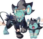  colored_sclera evolutionary_line fangs luxio luxray maumaujanken mouth_hold no_humans open_mouth pokemon pokemon_(creature) red_sclera shinx simple_background white_background yellow_eyes yellow_pupils 