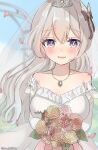  1girl bare_shoulders bouquet breasts bridal_veil bride chuuna_(unagiunazy) crying crying_with_eyes_open dress elbow_gloves firefly_(honkai:_star_rail) floating_hair flower gloves grey_hair hair_between_eyes hair_ornament highres holding holding_bouquet honkai:_star_rail honkai_(series) jewelry large_breasts long_hair looking_at_viewer necklace off-shoulder_dress off_shoulder sleeveless sleeveless_dress smile solo tears two-tone_eyes veil wedding wedding_dress white_dress 