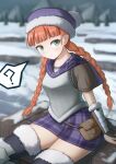  1girl :/ ? arm_guards armor black_thighhighs blurry blurry_background bobblehat braid breastplate capelet closed_mouth fur-trimmed_headwear fur-trimmed_legwear fur-trimmed_thighhighs fur_trim green_eyes hat highres long_hair miniskirt mountainous_horizon offencearmor-0131 orange_hair outdoors plaid plaid_capelet plaid_skirt pouch purple_capelet purple_hat purple_skirt short_sleeves sitting skirt snow solo speech_bubble spoken_question_mark thighhighs thighs twin_braids unicorn_overlord yunifi_(unicorn_overlord) zettai_ryouiki 