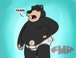 anthro bear black_body black_fur briefs briefs_only clothed clothing detailed_background dom_(foxmanad) foxmanad fur gradient_background hand_in_underwear hi_res male mammal monotone_briefs monotone_clothing monotone_underwear navel nipples open_mouth overweight overweight_male scratching_butt sharp_teeth simple_background solo sound_effects teal_background teeth teeth_showing tighty_whities tongue_showing topless underwear underwear_only waking_up white_briefs white_clothing white_underwear yawn