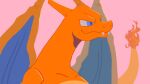  blue_eyes charizard closed_mouth collarbone dragon fangs fangs_out flame-tipped_tail highres mo~zu no_humans pink_background pokemon pokemon_(creature) simple_background solo 