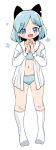  1girl :d absurdres blue_bra blue_eyes blue_hair blue_panties blush bra collarbone collared_shirt commentary_request dress_shirt fang full_body hands_up highres lemon_pan navel no_shoes open_clothes open_shirt original panties parted_bangs shirt short_eyebrows simple_background smile socks solo standing steepled_fingers thick_eyebrows underwear white_background white_shirt white_socks 