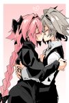  2boys androgynous ass astolfo_(fate) black_bow black_dress black_vest blush bow braid closed_mouth command_spell dress fang fate/apocrypha fate_(series) from_side gradient_background grey_hair hair_between_eyes hair_bow hair_intakes hand_on_another&#039;s_arm hand_on_another&#039;s_chest hands_on_another&#039;s_back haoro heart hug kiss long_braid long_hair male_focus multicolored_hair multiple_boys otoko_no_ko pink_background pink_hair shirt sieg_(fate) signature single_braid skin_fang streaked_hair two-tone_hair upper_body very_long_hair vest white_hair white_shirt yaoi 
