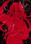  1girl absurdres blood blood_on_face blush dress hair_between_eyes hanataro_(sruvhqkehy1zied) highres long_hair long_sleeves looking_at_viewer monochrome open_mouth original red_theme self-harm_scar simple_background solo sweat very_long_hair 