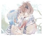  2girls black_ribbon blue_eyes blue_hair blush bow bowtie commentary_request grey_scarf hair_ribbon hand_on_another&#039;s_shoulder imminent_kiss koyomania long_hair mahou_shoujo_madoka_magica mahou_shoujo_madoka_magica_(anime) miki_sayaka mitakihara_school_uniform multiple_girls outdoors ponytail red_bow red_bowtie red_eyes red_hair ribbon sakura_kyoko scarf school_uniform shared_clothes shared_scarf short_hair striped_clothes striped_scarf tree upper_body yuri 