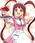  +_+ 1girl :d apron blush bow bowtie breasts brown_eyes butterfly_ornament dot_nose dress food frilled_apron frilled_skirt frills fruit hair_ribbon hands_up idolmaster idolmaster_million_live! idolmaster_million_live!_theater_days long_hair looking_at_object maid_headdress matsuda_arisa official_alternate_costume official_art open_mouth parfait pink_bow pink_bowtie pink_dress pretty_waitress_(idolmaster) puffy_short_sleeves puffy_sleeves red_hair ribbon serving shirt short_sleeves sidelocks skirt small_breasts smile solo standing starry_background strawberry strawberry_parfait thighhighs tray twintails upper_body very_long_hair waist_apron waitress white_apron white_shirt white_thighhighs wrist_cuffs 