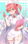  1girl absurdres alternate_costume buttons character_name chestnut_mouth cross_print glasses gloves green_eyes half_gloves hat heart highres hololive jacket jacket_on_shoulders lims_(neko2lims) looking_at_viewer nurse nurse_cap open_mouth pink_gloves pink_hair red-framed_eyewear sakura_miko solo syringe thighhighs virtual_youtuber wing_print 