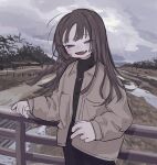  1girl absurdres black_sweater brown_hair brown_jacket cloud cloudy_sky day fang half-closed_eyes highres jacket jewelry long_hair long_sleeves looking_at_viewer necklace open_clothes open_jacket open_mouth original outdoors railing sky solo sweater yunoki_itsugu 