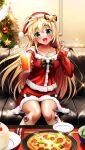  1girl :d black_bow blonde_hair blush bow breasts christmas christmas_tree cleavage collarbone cup doukyuusei doukyuusei_another_world fang floating_hair food fur-trimmed_headwear fur-trimmed_shirt fur-trimmed_skirt fur_trim game_cg green_eyes hair_between_eyes hair_ornament hat head_tilt holding holding_cup indoors jewelry juice long_hair long_sleeves medium_breasts miniskirt necklace official_art open_mouth orange_juice pizza red_shirt red_skirt santa_costume santa_hat shirt sitting skin_fang skirt smile solo star_(symbol) star_hair_ornament star_necklace tina_(kakyuusei) very_long_hair 