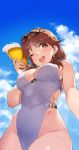  1girl 92m alcohol beer blue_sky breasts brown_eyes brown_hair casual_one-piece_swimsuit cloud commentary_request eyewear_on_head from_below glass highleg highleg_swimsuit highres idolmaster idolmaster_cinderella_girls katagiri_sanae large_breasts long_hair looking_at_viewer low_twintails one-piece_swimsuit open_mouth round_teeth short_twintails sky smile solo sunglasses swimsuit teeth twintails upper_teeth white_swimsuit 