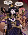  2girls absurdres ancient_greek_clothes aphrodite_(hades) armband black_hair blurry blurry_background bracelet commentary cup dark-skinned_female dark_skin english_commentary english_text grace_kim_(ryuuna) greco-roman_clothes grin hades_(series) hades_1 hair_ornament hands_in_hair highres holding holding_cup jewelry long_hair looking_at_another mature_female multiple_girls nyx_(hades) parted_bangs pink_eyes pink_hair pink_nails purple_lips ring sideways_glance smile speech_bubble very_long_hair yuri 