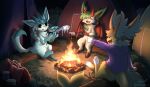 anthro biped campfire candy dessert eeveelution eyebrows eyes_closed fin fire food fur generation_1_pokemon generation_4_pokemon gesture glaceon grass group hand_gesture hi_res horn leafeon male marshmallow membrane_(anatomy) membranous_wings nintendo open_mouth open_smile plant pointing pokemon pokemon_(species) rikosakari smile tail tail_fin trio vaporeon wings