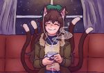  1girl animal_ear_fluff animal_ear_piercing animal_ears brown_hair brown_jacket brown_tail cat_ears cat_girl cat_tail chen closed_eyes closed_mouth couch cup earbuds earphones earrings facing_viewer fingernails green_hat happy hat highres holding holding_cup jacket jewelry long_fingernails long_hair long_sleeves mob_cap mug multicolored_tail multiple_tails night night_sky on_couch open_clothes open_jacket otaeriaaoba red_nails shirt single_earring sitting sky smile solo star_(sky) steam tail touhou window window_blinds yellow_shirt 