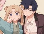  1boy 1girl bangs beige_background bishoujo_senshi_sailor_moon blonde_hair blue_eyes bow cellphone chiba_mamoru collared_shirt double_bun finger_to_another&#039;s_mouth group_picture hair_bow half-closed_eyes hand_on_another&#039;s_shoulder highres layered_clothing long_hair looking_at_phone parted_bangs phone shirt simple_background smartphone taking_picture tsukino_usagi twintails twitter_username upper_body 