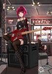  3girls amplifier_(instrument) bass_guitar boots brick_wall garter_straps high_heel_boots high_heels highres indoors instrument jimi_hendrix knee_boots long_sleeves multiple_girls original platform_boots platform_footwear platform_heels red_eyes red_hair scenery sitting sitting_on_object the_who thighhighs_under_boots yuzuriha 