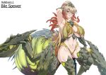  1girl absurdres arachne arm_behind_head armpits arthropod_girl arthropod_limbs bile_spewer blonde_hair breasts carapace character_name copyright_name crossed_bangs english_commentary extra_legs green_eyes helldivers_(series) highres huge_breasts long_hair looking_at_viewer monster_girl navel personification ponytail revealing_clothes solo spider_girl taur tentacle_hair thick_thighs thighs torahime_(roland00) underboob very_long_hair 