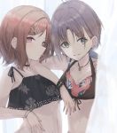  2girls antenna_hair arm_on_shoulder asakura_tooru bangs bikini bikini_top black_bikini bracelet breasts brown_hair choker cleavage collarbone curtains ear_piercing eyebrows_visible_through_hair front-tie_bikini front-tie_top green_eyes hair_ornament hairclip hanetsuka higuchi_madoka idolmaster idolmaster_shiny_colors jewelry layered_bikini leaf_print light_blush looking_at_viewer multiple_girls nail_polish navel necklace noctchill_(idolmaster) parted_bangs piercing red_eyes red_hair simple_background sleeveless small_breasts smile swimsuit tankini upper_body white_background x_hair_ornament 