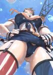  1girl absurdres ass_visible_through_thighs belt belt_buckle blonde_hair blue_panties blue_sky breasts brown_belt buckle cloud english_commentary from_below garter_straps hands_on_own_hips highres iowa_(kancolle) kantai_collection large_breasts long_hair navel panties shirt skirt sky solo thighhighs thighs tied_shirt underwear uss_new_jersey_(bb-62) ye_fan 