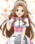  1girl :d apron bow bowtie breasts brown_hair butterfly_ornament curly_sidelocks dot_nose dress eyelashes flipped_hair frilled_apron frilled_skirt frills green_eyes hair_over_shoulder hand_up high_ponytail holding holding_tray idolmaster idolmaster_million_live! idolmaster_million_live!_theater_days long_hair maid_headdress medium_breasts nikaidou_chizuru official_alternate_costume official_art open_hand open_mouth pink_bow pink_bowtie pink_dress pretty_waitress_(idolmaster) puffy_short_sleeves puffy_sleeves shirt short_sleeves sidelocks skirt smile solo standing starry_background straight-on thighhighs tray upper_body very_long_hair waist_apron waitress white_apron white_shirt white_thighhighs wrist_cuffs 