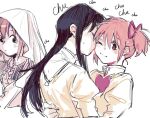 3girls akemi_homura black_hair blush bridal_veil closed_mouth commentary_request juliet_sleeves kaname_madoka kiss kissing_cheek koyomania long_hair long_sleeves mahou_shoujo_madoka_magica mahou_shoujo_madoka_magica_(anime) mitakihara_school_uniform multiple_girls one_eye_closed pink_hair puffy_sleeves red_eyes school_uniform shirt short_twintails simple_background smile twintails veil white_background white_shirt yuri 