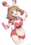  1girl absurdres alternate_costume animal_ear_headwear apron breasts brown_hair choker cleavage collarbone contrapposto cowboy_shot cropped_legs fake_tail frills gonzarez grey_eyes highres long_hair looking_at_viewer low_neckline maid may_(pokemon) medium_breasts open_mouth outstretched_arms pokemon pokemon_rse puffy_short_sleeves puffy_sleeves short_sleeves simple_background solo tail thigh_gap waist_apron white_background wide_hips wristband 