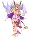  1girl anklet ark_order bandaged_leg bandages barefoot bird bra bracelet breasts breasts_apart cape center_opening closed_mouth dress fire full_body hairband head_wings holding holding_polearm holding_weapon jewelry large_breasts long_hair looking_at_viewer low-tied_long_hair necklace official_art pelvic_curtain pink_hair polearm purple_bra qa&#039;a_(ark_order) red_cucumber sidelocks sleeveless sleeveless_dress smile solo tachi-e thighlet transparent_background underwear variant_set very_long_hair weapon white_cape white_dress white_wings wings 
