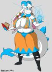 absurd_res angela_flux anthro atlyss bell bell_collar big_breasts blue_horn book bovid breasts caprine clothed clothing collar ear_piercing eyewear female goat hair hi_res horn huge_breasts magic mammal piercing skimpy slightly_chubby solo tail thick_thighs vexxyvex white_body