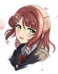  1girl :d absurdres black_jacket blush bow bowtie brown_hair collared_shirt cropped_torso floating_hair green_eyes grey_shirt hair_ornament hairclip highres jacket long_hair love_live! love_live!_nijigasaki_high_school_idol_club nijigasaki_academy_school_uniform open_mouth petals portrait red_bow red_bowtie school_uniform shirt smile solo uehara_ayumu white_background wing_collar zaofeng 