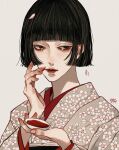  1girl black_eyes black_hair blunt_bangs blunt_ends bob_cut cherry_blossom_print commentary_request cup fingernails floral_print floral_print_kimono grey_background hand_up highres holding holding_cup japanese_clothes kagoya1219 kimono lips long_sleeves looking_at_viewer original petals short_hair signature simple_background solo tears upper_body 