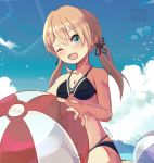  1girl anchor_hair_ornament ball beachball bikini black_bikini blonde_hair blue_sky cloud dated day green_eyes hair_ornament highres kantai_collection lens_flare long_hair looking_at_viewer low_twintails maridix military military_uniform one_eye_closed outdoors prinz_eugen_(kantai_collection) sky solo swimsuit twintails uniform 