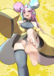  1girl aqua_hair bare_shoulders barefoot blush highres iono_(pokemon) long_hair looking_at_viewer multicolored_hair open_mouth oshin0_(zheng) pink_hair pokemon presenting_foot sharp_teeth sleeves_past_fingers sleeves_past_wrists soles solo teeth toes two-tone_hair upper_teeth_only yellow_background 
