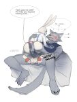 absurd_res anthro anthro_on_anthro balls beastars big_penis blush bottomless butt butt_grab canid canine canis canon_couple cheek_tuft clothed clothing dialogue dominant dominant_female duo english_text erokaiga eye_contact facial_tuft female fur genitals grey_body grey_fur grin hand_on_butt haru_(beastars) hi_res hot_dogging humanoid_genitalia humanoid_penis interspecies lagomorph larger_male legoshi_(beastars) leporid long_ears looking_at_another male male/female mammal penis predator/prey profanity rabbit sex size_difference smaller_female smile speech_bubble tail text topwear tuft vest wolf