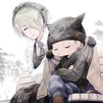  1boy 1girl ^_^ apron beanie belt black_apron black_belt black_footwear black_hairband black_hat black_jacket black_pants blanket blonde_hair blue_pants blue_shirt brown_hair candy_stick closed_eyes closed_mouth collared_jacket collared_shirt crossed_arms crossed_legs danganronpa_(series) danganronpa_v3:_killing_harmony expressionless eyelashes food_in_mouth frilled_sleeves frills hair_over_one_eye hairband happy hat height_difference holding holding_blanket horned_hat hoshi_ryoma jacket lace-trimmed_hairband lace_trim leather leather_jacket necktie on_bench open_mouth outdoors pants pocket purple_necktie shirt shoes short_hair sitting smile spider_web_print striped_clothes striped_pants striped_shirt teeth tojo_kirumi tree two-tone_pants u_u_ki_u_u white_background white_shirt white_sleeves 