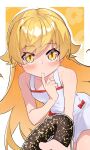  1girl 1other bare_shoulders blonde_hair blush doughnut dress finger_in_own_mouth flat_chest food highres long_hair looking_at_viewer monogatari_(series) oshino_shinobu pov solo thomas_(aoakumasan) white_dress yellow_eyes 