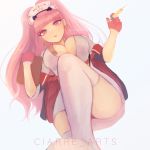  1girl absurdres alternate_costume breasts ciarre earrings fire_emblem fire_emblem:_three_houses gloves hat highres hilda_valentine_goneril holding jewelry large_breasts long_hair nurse nurse_cap parted_lips pink_eyes pink_hair ponytail red_gloves solo thighhighs twitter_username white_legwear 