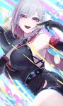  1girl :d bare_shoulders belt black_belt black_gloves breasts coin commentary gloves highres holding holding_coin honkai:_star_rail honkai_(series) large_breasts looking_at_viewer multicolored_hair numby_(honkai:_star_rail) open_mouth purple_eyes red_hair sanshoku_dango_(ahxf3842) short_hair smile streaked_hair topaz_(honkai:_star_rail) trotter_(honkai:_star_rail) white_hair 