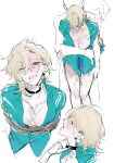  2boys aqua_shirt aventurine_(honkai:_star_rail) bdsm blonde_hair bondage bound collar collared_shirt cum cum_in_mouth cum_on_body cum_on_male cum_on_pectorals cumdrip highres honkai:_star_rail honkai_(series) male_focus medium_hair mob multiple_boys neck_tattoo no_pants pectorals rape rope shirt simple_background stained_clothes sweat tattoo user_krmr4547 white_background yaoi 