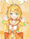  1girl back_bow blonde_hair blush bow choker cidre_db collarbone detached_sleeves flipped_hair frilled_sailor_collar frilled_shirt frilled_sleeves frills green_eyes green_pom_poms hair_bow hair_ornament hands_up highres kagamine_rin looking_at_viewer medium_hair open_mouth orange_background orange_bow orange_choker outstretched_hand pom_pom_(clothes) project_sekai sailor_collar shirt sleeveless sleeveless_shirt sleeves_past_wrists smile solo sparkle star_(symbol) star_hair_ornament swept_bangs two-tone_choker upper_body vocaloid white_bow white_choker white_pom_poms yellow_bow yellow_pom_poms yellow_sailor_collar yellow_sleeves 