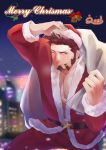  1boy absurdres alternate_costume blue_eyes brown_hair chest christmas cigar facial_hair fate/grand_order fate_(series) goatee hat highres icelernd long_sleeves male_focus muscle napoleon_bonaparte_(fate/grand_order) pectorals santa_costume santa_hat sideburns smile smoking solo unbuttoned 