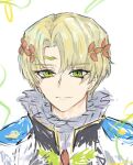  1boy alfred_(fire_emblem) ascot blonde_hair blue_cape cape circlet fire_emblem fire_emblem_engage green_eyes looking_at_viewer male_focus prince tandemaushold2 yellow_ascot 