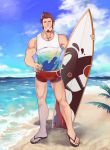  1boy abs absurdres alternate_costume bara beard blue_eyes brown_hair chest cloud cloudy_sky day facial_hair fate/grand_order fate_(series) full_body hand_on_hip highres icelernd looking_at_viewer male_focus male_swimwear muscle napoleon_bonaparte_(fate/grand_order) nipple_slip nipples ocean pectorals sandals scar shorts sky smile solo surfboard swim_briefs swimsuit swimwear tank_top 
