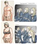  1boy 5girls blonde_hair blush bra breasts brown_eyes cheekbones clone clothes_pull co1fee covered_nipples dungeon_meshi elf falin_touden gaijin_4koma_(meme) green_eyes grey_hair highres laios_touden large_breasts marcille_donato meme muffin_top multiple_girls muscular muscular_male navel panties pants pants_pull panty_peek pectorals plump pointy_ears serious shapeshifter_(dungeon_meshi) stomach topless_male underwear yuri 